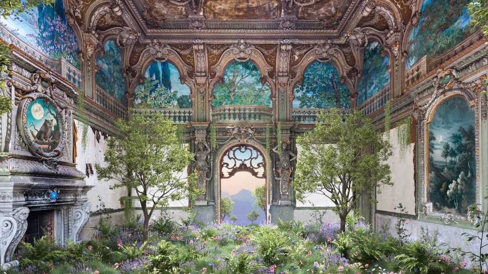Elegant ornate palace interior with lush greenery and intricate frescoes, showcasing stunning Baroque architecture.