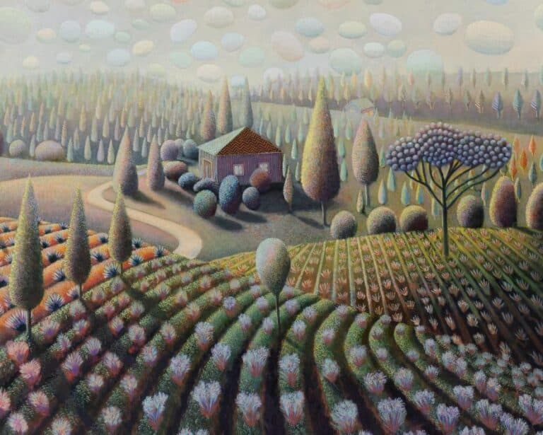 David Brian Smith’s English countryside paintings at Ross + Kramer 11 Multicolored herd set against a distant horizon in vivid tones