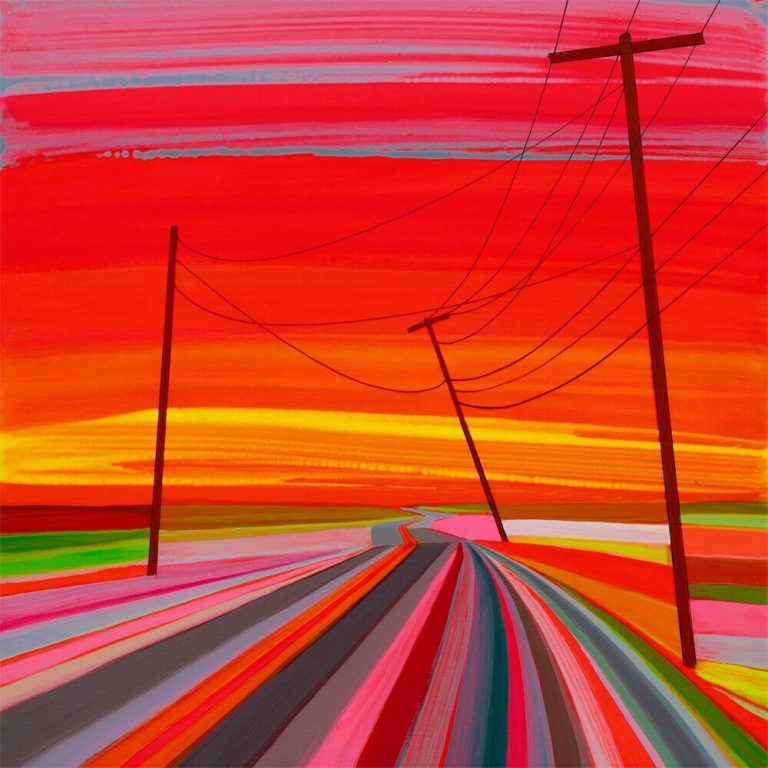 Interview With Grant Haffner Colorful abstract painting of electric poles and power lines over vibrant sunset sky with fields.