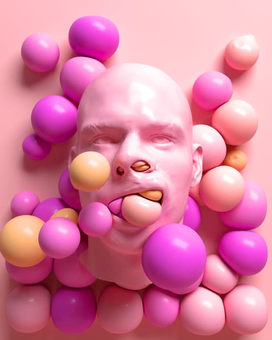 Pink sculpture of human face surrounded by pastel-colored spheres, contemporary art, surrealism, modern art piece.