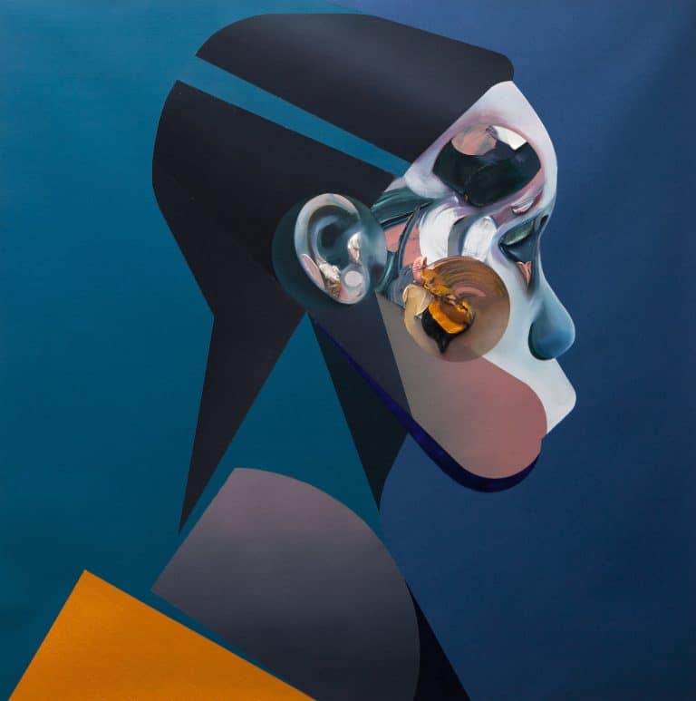 Interview With Ryan Hewett Colorful abstract portrait of a human head with geometric shapes and metallic textures for modern art display.
