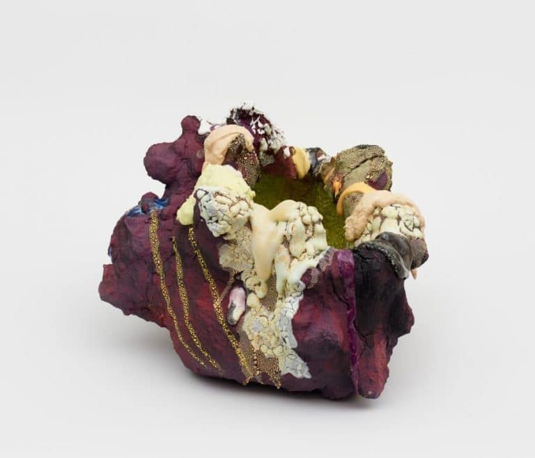 Interview with Brian Rochefort Colorful abstract sculpture with textured layers and gold accents, showcasing modern mixed media art.