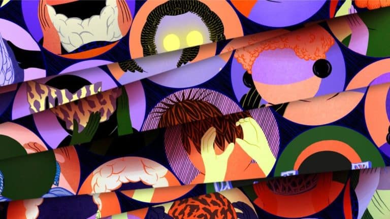 "Careful" Navigates Between The Oppositions Of Its Meaning Vibrant abstract artwork featuring colorful faces, hands, and patterns created by Visual Atelier 8.