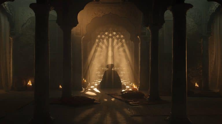 "Alef" Evokes Curiosity Through The Puzzling Scenario Ancient Indian temple interior with sunlight streaming through intricately carved windows, creating a spiritual and serene ambiance.