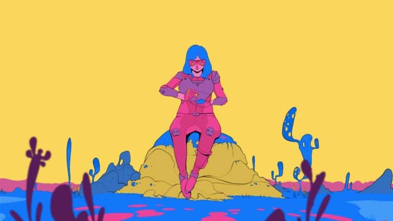 "Feed the Urge" To The Traditional Cel Animation Crafting Vibrant digital illustration of a futuristic female character in a colorful alien landscape at Visual Atelier 8.