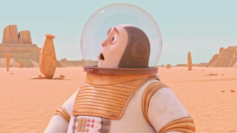 “B is for Ben” Tends To The Simplicity Of Visual Communication Futuristic astronaut with a surprised expression in a desert landscape.