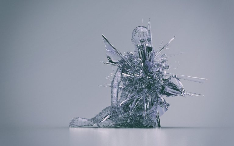 Felix Rothschild Creates Beautiful Digital Compositions Shiny crystal sculpture of a fairy with wings, sitting with one knee up, on a plain background.