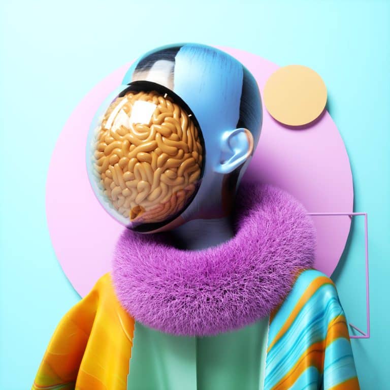 Antoni Tudisco Designs Mind Crossing Digital Artworks Vibrant modern art sculpture featuring a mannequin with an exposed brain in a glass dome, surrounded by colorful abstract elements.