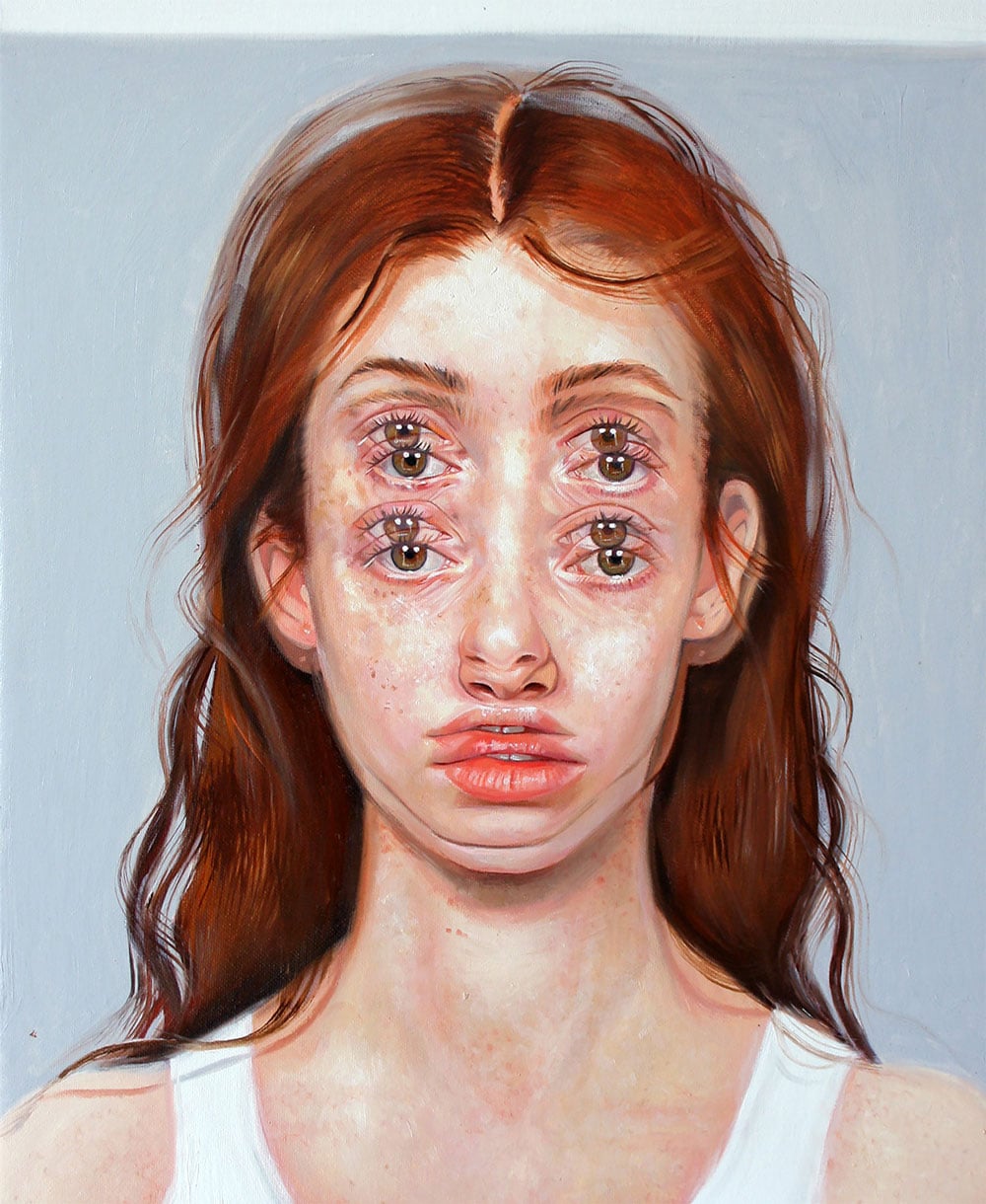 Multiple eyes and facial features illustrating surreal digital art.