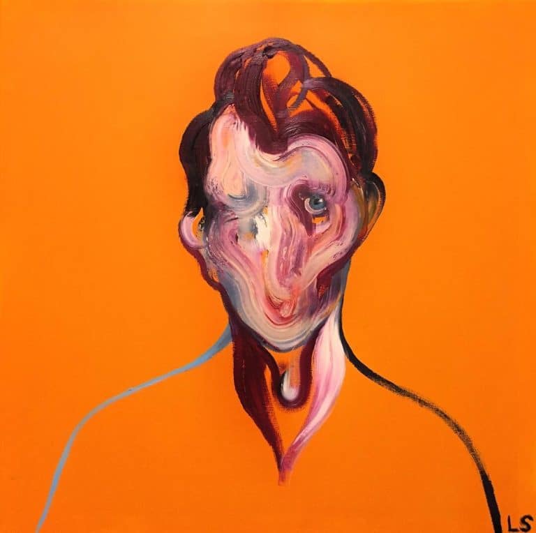 Interview with Loribelle Spirovski Vivid abstract portrait of a person with swirling facial features against bright orange background.