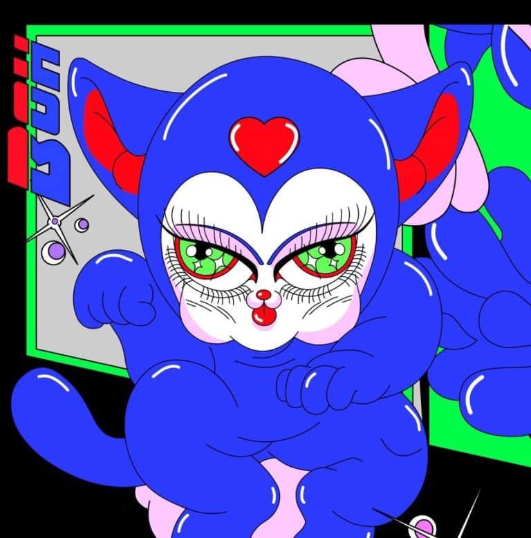 Interview with Friederike Hantel Blue cat character with large green eyes and a red heart on its forehead, cartoon-style illustration.