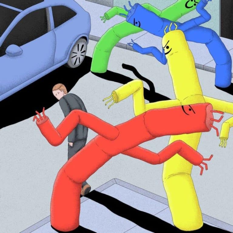 Interview with Alex Jenkins Colorful animated bacteria characters attacking a person on the street.