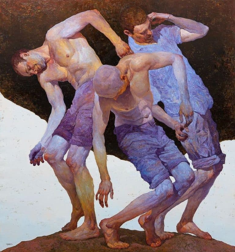 Interview With Denis Sarazhin Vivid painting of three male figures in dynamic, emotional poses with a dark background and textured brushstrokes.