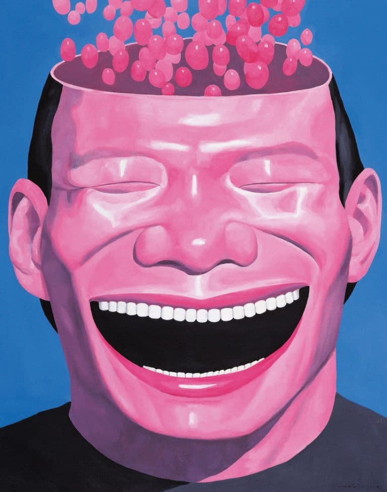 The Boisterous Smiles Of Yue Minjun's Painted Figures Invoke Pondering Smiling face with open mouth and pink brain illustration, contemporary art painting.