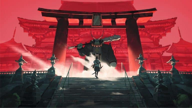 The Line Animation Honors The Classic Anime Fight - IZZO Ancient Japanese temple with a giant samurai character and a warrior preparing for battle.