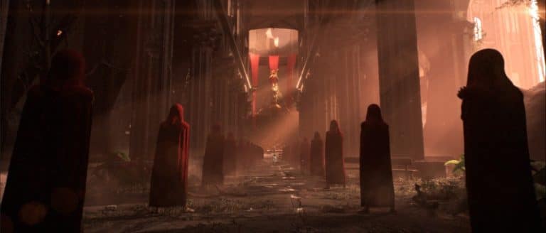 "The Seed Of Juna" Reborns Within Unknown Eerie cathedral interior with dark cloaked figures and dramatic lighting, conveying a mystical or fantasy scene.