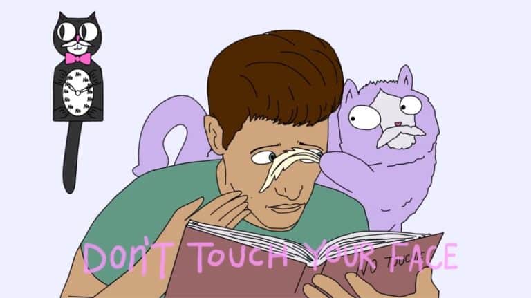 "Don't Touch Your Face" Articulates Humorous Yet Effective Communication Unhappy man with a mustache reading a book with a purple monster behind him. A wall clock with a cat design is visible.