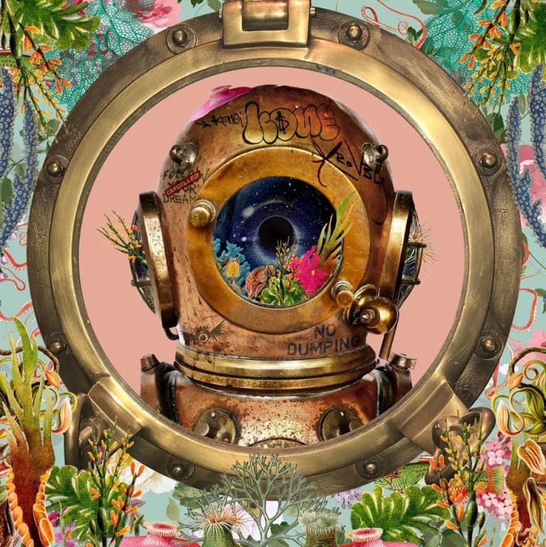 David Krovblit Sends Meaningful Social Messages Through His Eclectic Collages Colorful vintage diving helmet surrounded by vibrant floral and botanical illustrations.