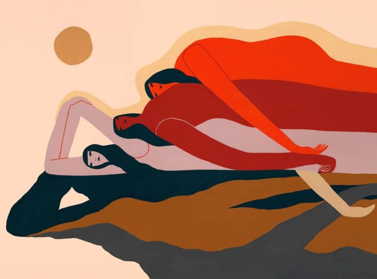 Interview with Laura Berger Woman lying on her side in abstract illustration with warm earth tones and minimalistic style.