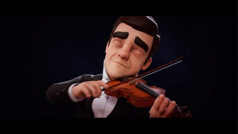 "Herman" By 23lunes Narrates Of Beauty Of Imagination Stylized animated man playing violin against dark background, musician illustration, artistic music performance, character in formal attire.
