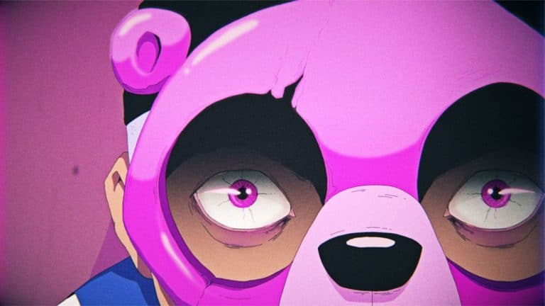 "Bend Reality" Depicts A Path Of Constant Improvement Vibrant anime-style illustration of a character with a pink dog mask and striking purple eyes.