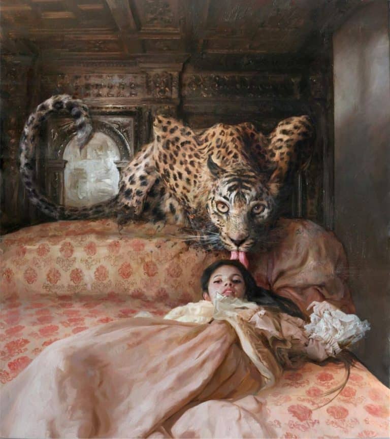 Interview with Guillermo Lorca Leopard lounging behind woman on ornate bed in vintage bedroom, artful composition.