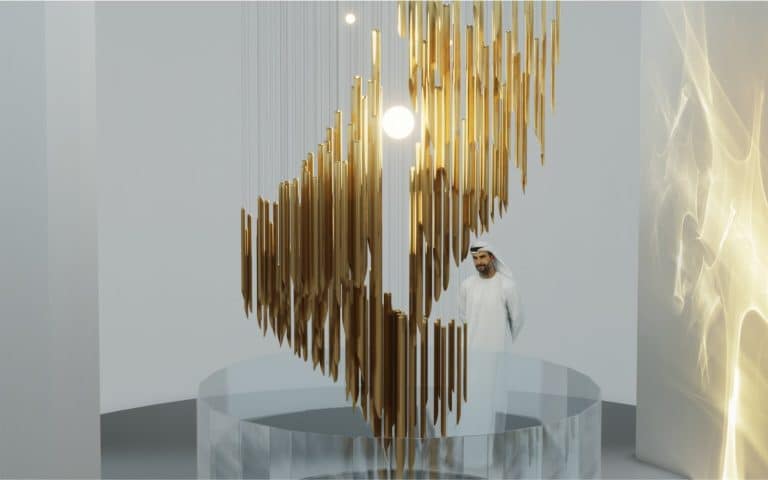 “Reimagine” Explores The Interplay Of Movement And Light Vivid gold modern art installation in minimalistic gallery space.
