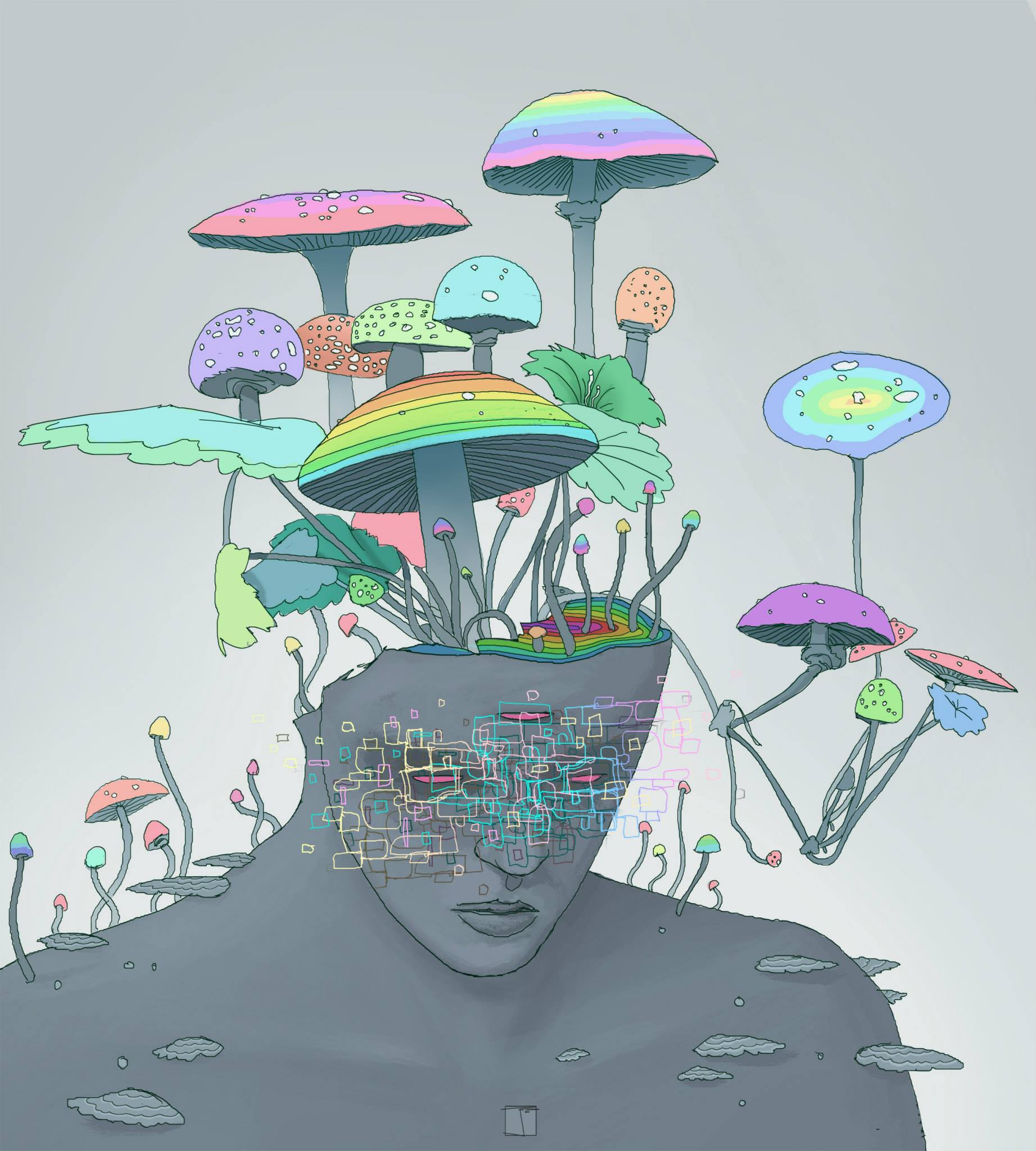 Vibrant digital artwork of a human face with colorful mushrooms growing from the head.