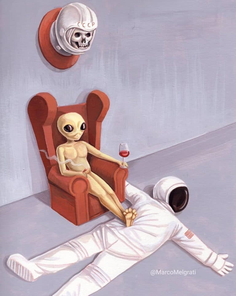 Interview with Marco Melgrati Alien woman relaxing in an armchair with a glass of wine, surreal art scene.
