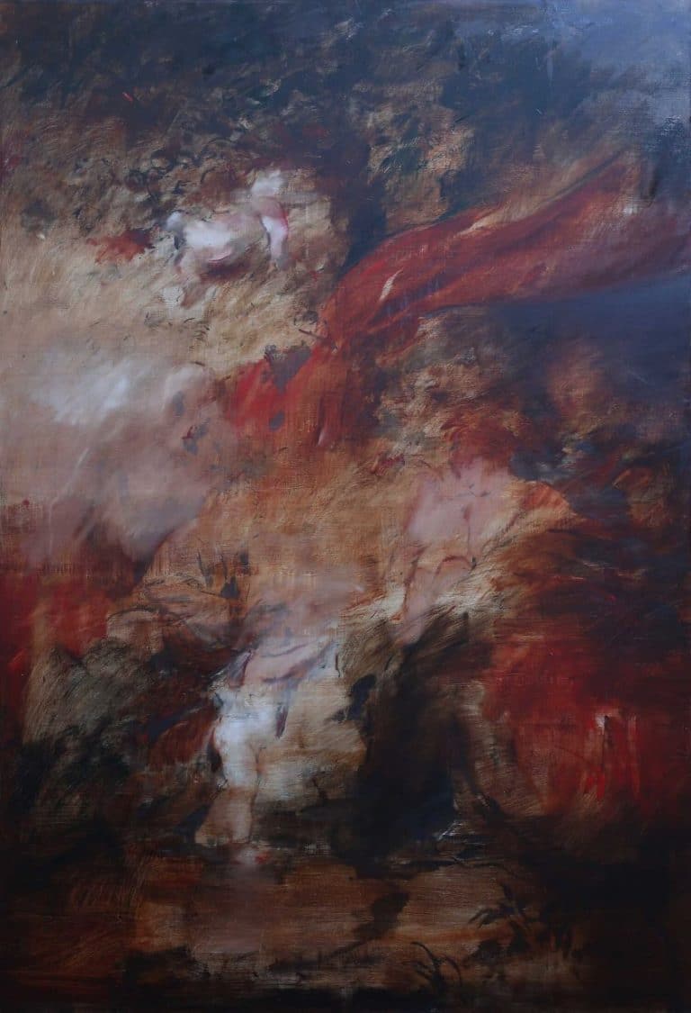 Interview with Jake Wood Evans Vivid abstract painting with dynamic brushstrokes in warm earth tones and dark accents, showcasing expressive artistic style.