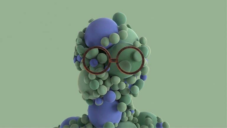 "Permission To Move" Reviews The Chronic Pain Treatments Scientific abstract sculpture with colorful spheres and glasses, modern art design.