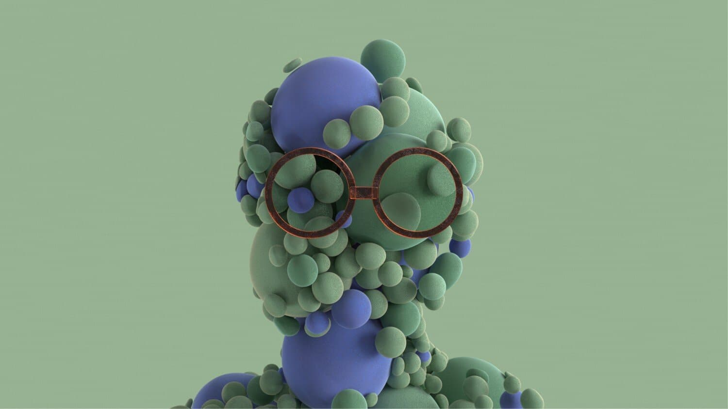 Scientific abstract sculpture with colorful spheres and glasses, modern art design.