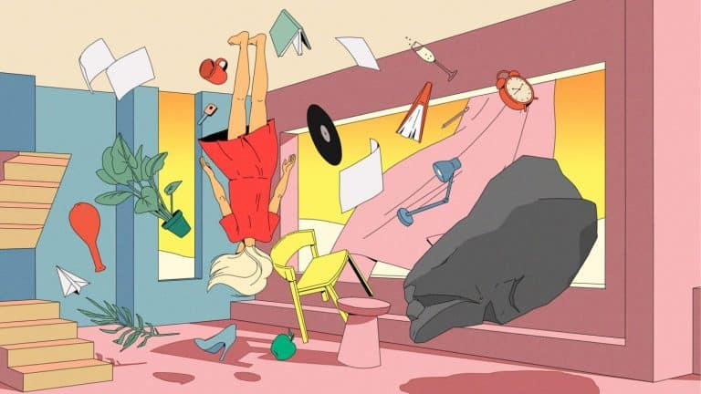 "Daisies" Speak About The Obstacles Upon A Path Of Change Colorful chaotic room with floating items and a girl upside down, representing artistic creativity and disorder.