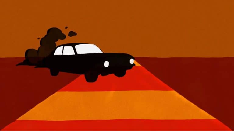 "Tomorrow’s On Fire" Responds To The Australian Bushfire Crisis Dark cartoon car emitting smoke on illuminated road at sunset, minimalist digital illustration.