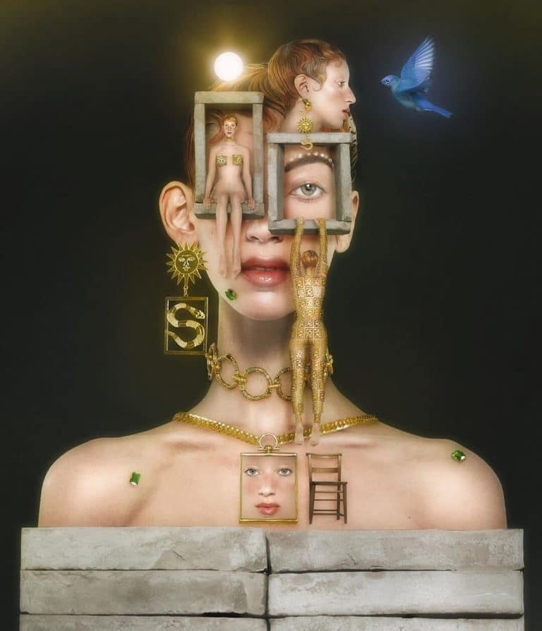 Interview with Filip Custic Intricate digital collage of a surreal woman's face with layered jewelry, miniature figures, and symbolic elements, portraying creative artistry.