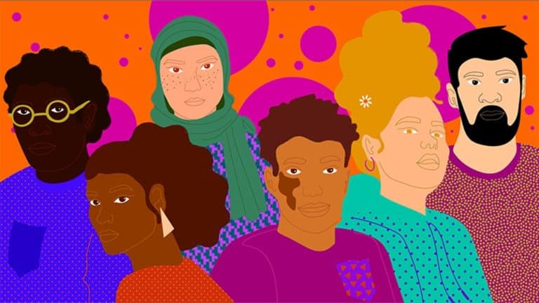 Aurélia Durand Is A Visionary And Storyteller Of Diversity Vibrant digital illustration of diverse individuals with bold, colorful backgrounds, emphasizing inclusion and modern portrait art.