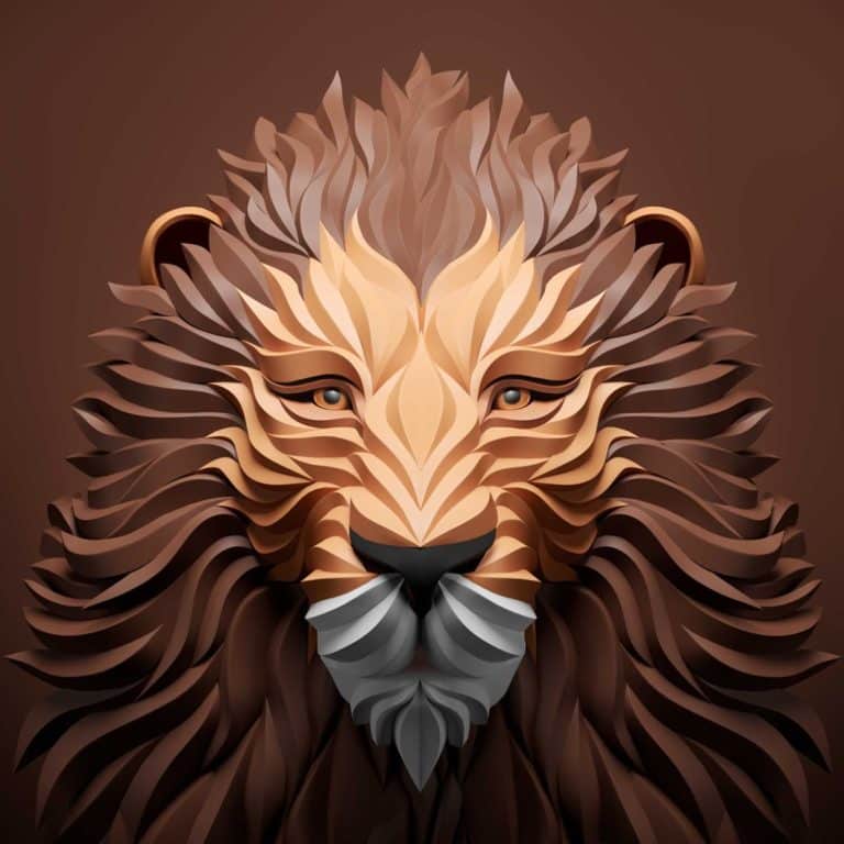 Maxim Shkret Is The Digital Designer Of Ornately Sculpted Models Intricate digital artwork of a majestic lion's face with a stylized, layered mane in warm brown tones.