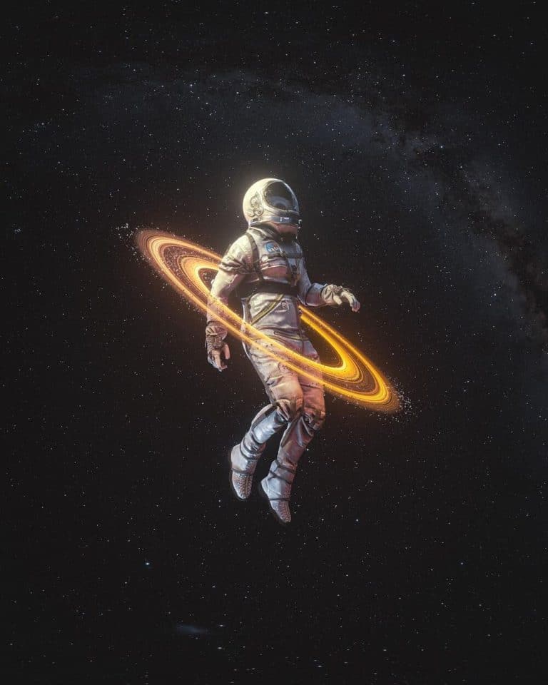Liam Pannier’s 3D Visuals Are Among The Stars Astronaut floating in space with glowing Saturn-like rings around them, stars and galaxy backdrop.