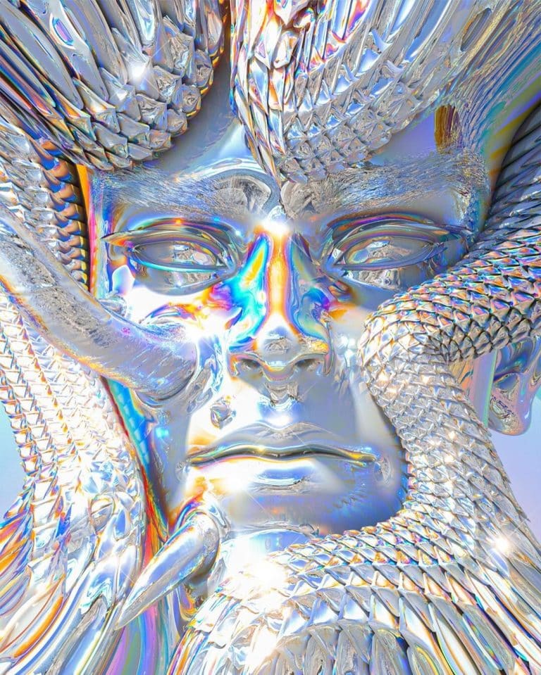 Karlifetz Imagines Digital And Futuristic Creations Of Alien-Like Art Shiny metallic face sculpture with intricate texture and rainbow iridescence, emphasizing contemporary abstract art.