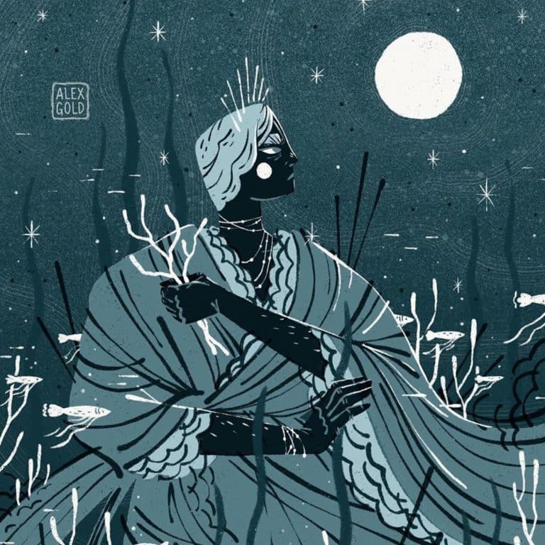 Alex Gold Imagines Delicate And Peaceful Works Of Digital Art Mystical woman holding a branch at night under the moon, artistic digital illustration for fantasy and art SEO.