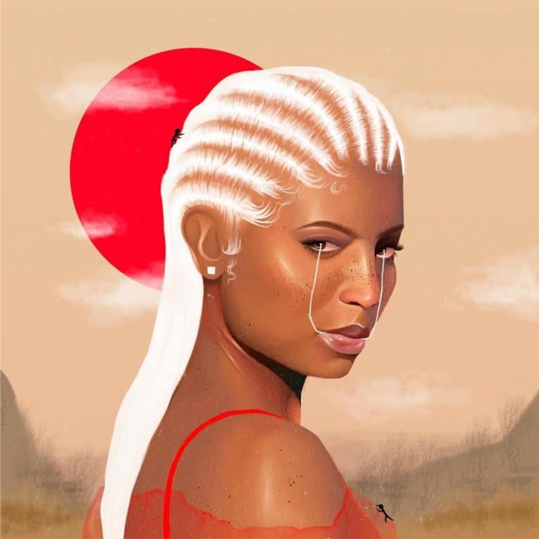 Alexis Eke Elevates Black Women Of Art With Culturally Divine Portraits Vibrant portrait of a woman with white hair and makeup against a surreal background with red sphere and sky.
