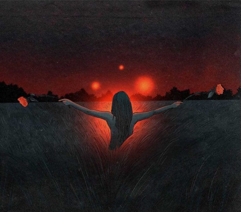 Andreea Dumuta Illustrates Fun And Spooky Digital Art Vibrant digital art of a woman holding roses under red sky with multiple moons.