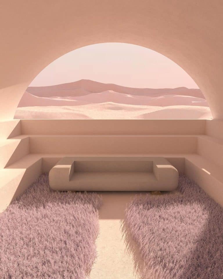 Baeige Visualizes Peace With Poised Architectural Scenes From An Untouched Future A desert view scene through a modern architectural window with soft pink and beige tones.