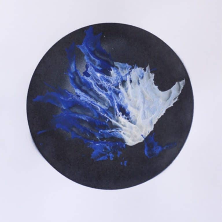 Bruno Cerasi’s (He)Art Is Still Like Water Vibrant abstract painting featuring blue and white fluid shapes on a black circular background.