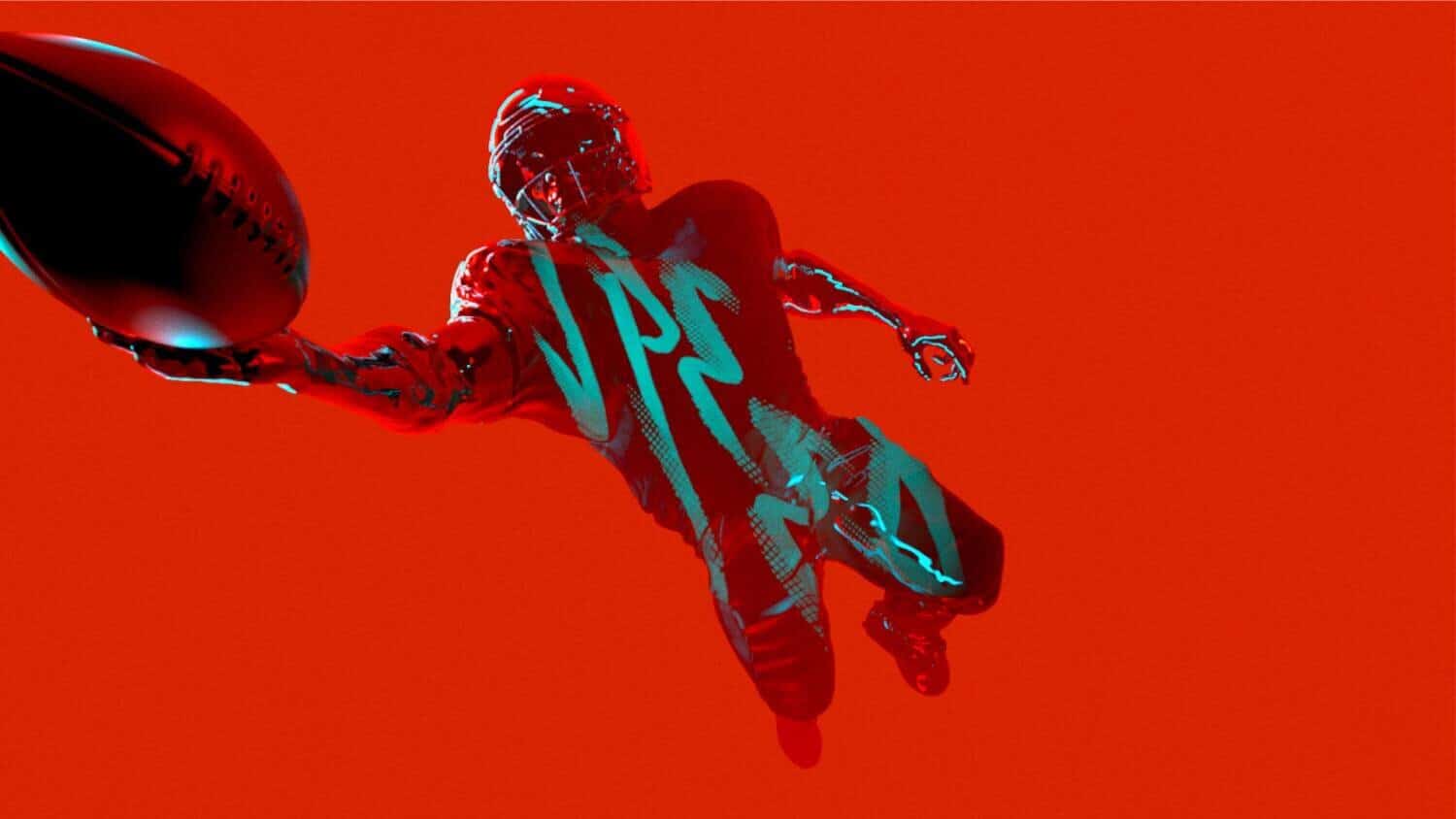 Dynamic digital football player illustration with vibrant red background for sports and gaming visuals.