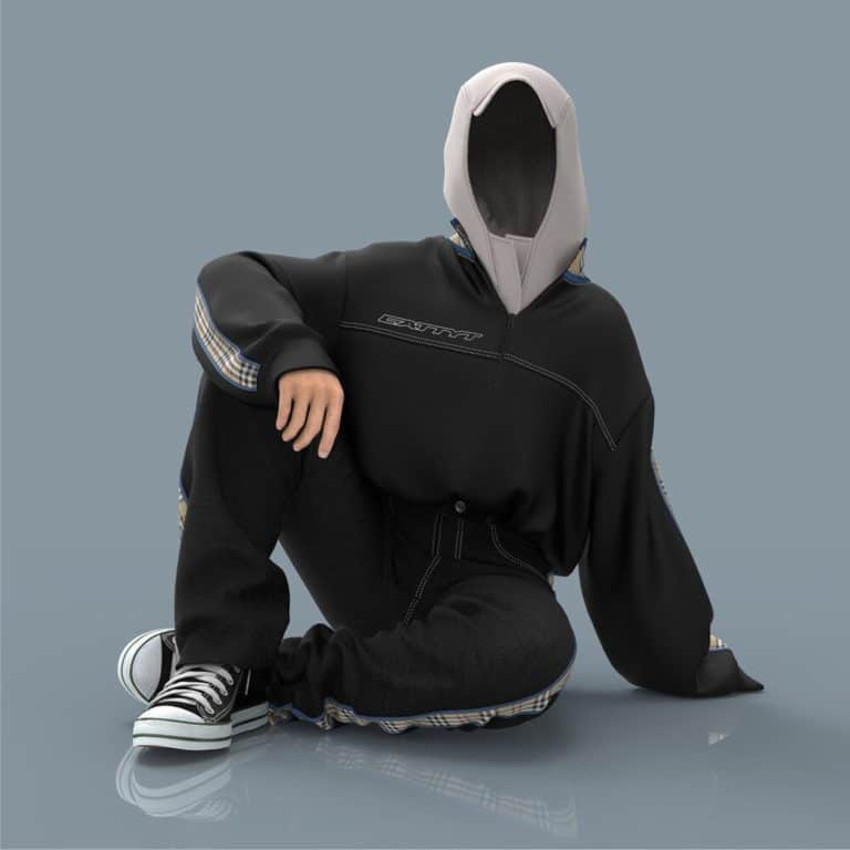 Cattytay Innovates The Fashion Industry With Digital Garments And Virtual Runways Hooded sweatshirt with plaid accents and sneakers, contemporary fashion style, casual streetwear look, men's apparel, modern clothing design.