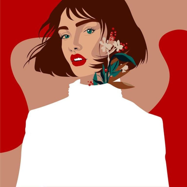 Chungi Yoo And The Modern Illustrations For Female Empowerment Vibrant digital portrait of a woman with brown hair and striking blue eyes, incorporating floral design elements, for stylish visual branding.