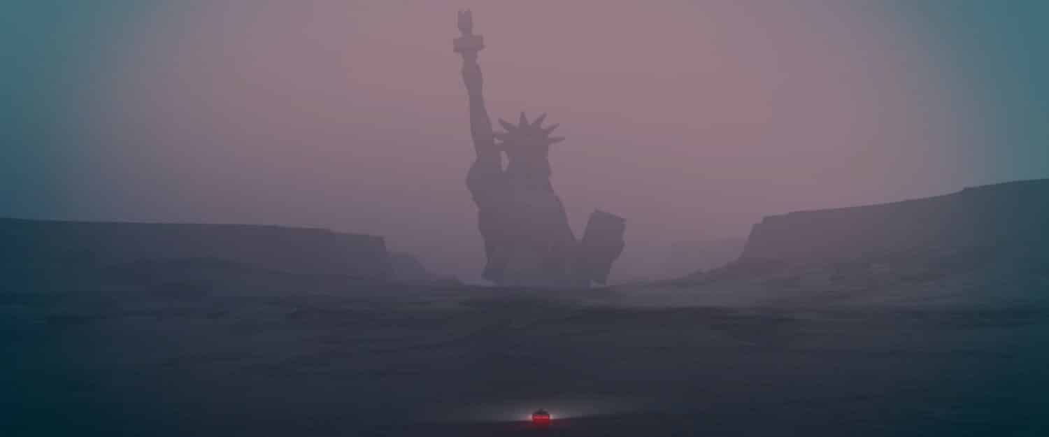 A foggy scene of the Statue of Liberty with a mysterious and moody atmosphere.