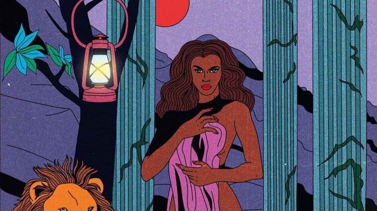 Mysterious woman holding cloth in a vibrant, colorful jungle scene with a lion, lantern, and tall trees.