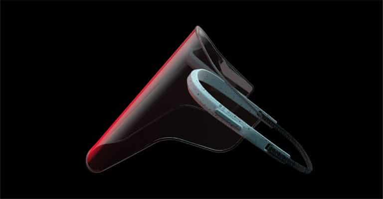 Wireless charging phone with a futuristic design illuminated by red and blue neon lights.